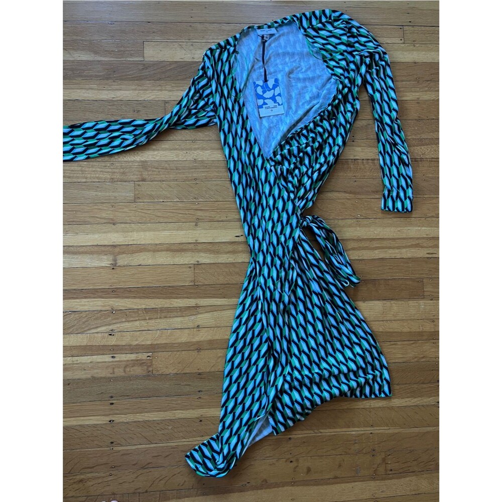 Diane Von Furstenberg DVF Geometric print graphic wrap dress cotton S blue green